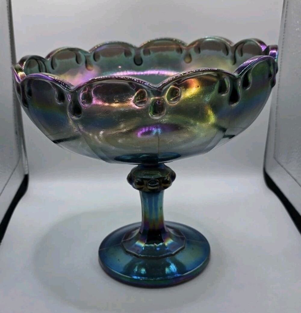 Vtg Indiana Glass Garland Teardrop Blue Carnival Iridescent Glass Compote Bowl